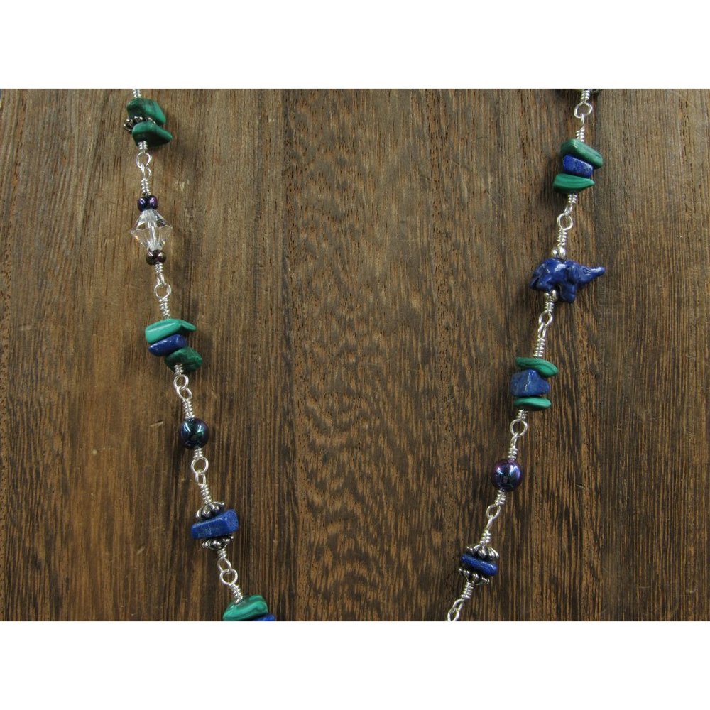 20" Sterling Silver Malachite Lapis Lazuli Sun Pendant Necklace Vintage - Picture 2 of 9